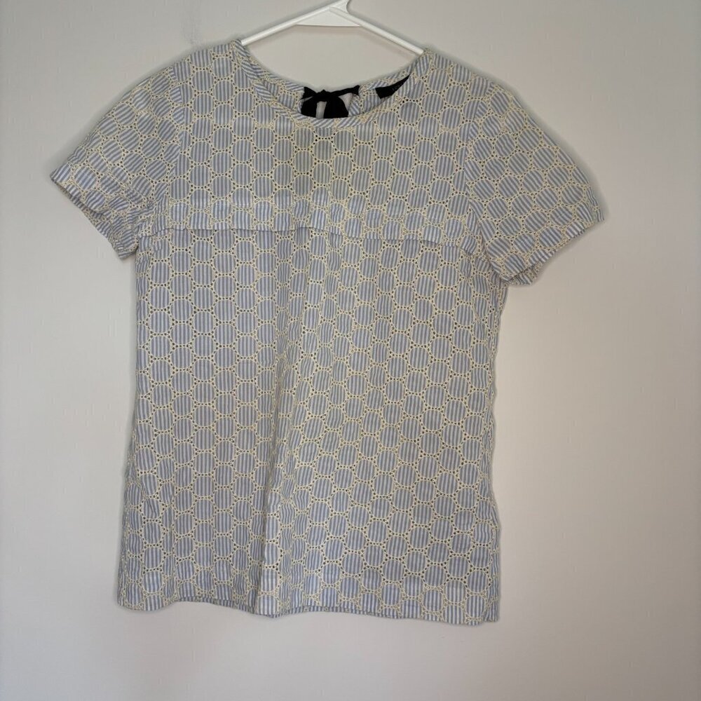 J Crew Black Label Top 00 Short Sleeve Light Blue Eyelet Embroidered Ribbon Tie
